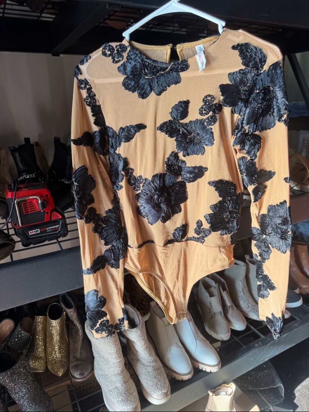 Floral Applique Long-Sleeve Bodysuit in Tan and Black